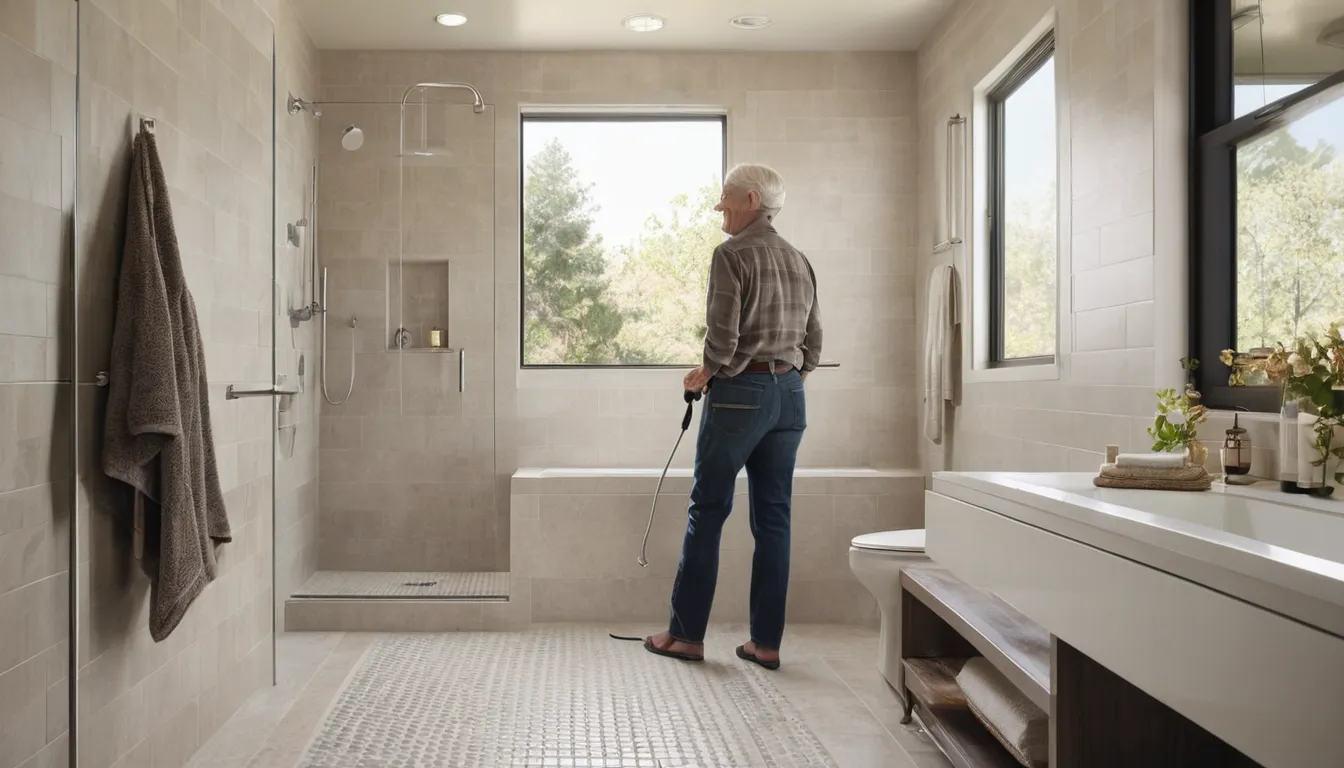 Walk-in shower with a built-in seat and grab bars in a bright Arlington Heights home bathroom