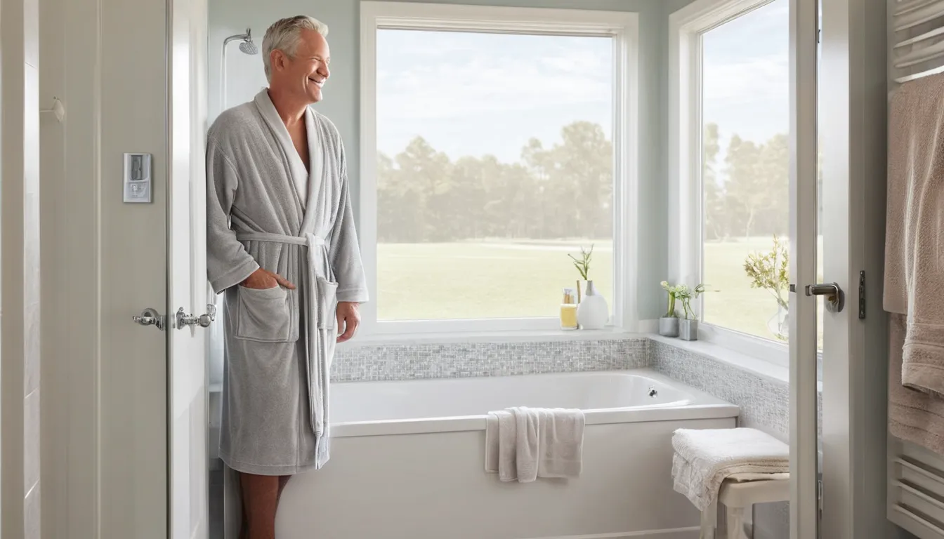 A homeowner in the Arlington Heights area sitting comfortably in a new walk-in tub with the door closed in a bright bathroom